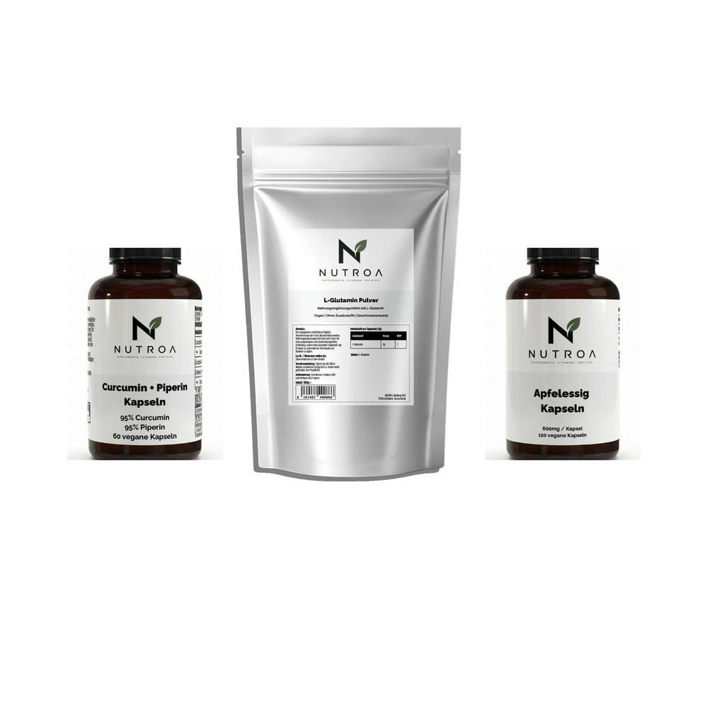Curcuma, Apfelessig & L-Glutamin Bundle – Curcuma + Piperin Kapseln, L-Glutamin Pulver, Apfelessig Kapseln