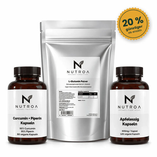 Darm & Stoffwechsel Bundle – L-Glutamin Pulver, Apfelessig Kapseln und Curcuma + Piperin
