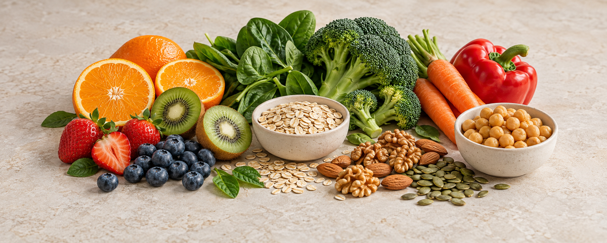 Übersichtlich arrangiertes Obst, Gemüse, Nüsse, Kürbiskerne, Haferflocken und Kichererbsen auf hellem Untergrund